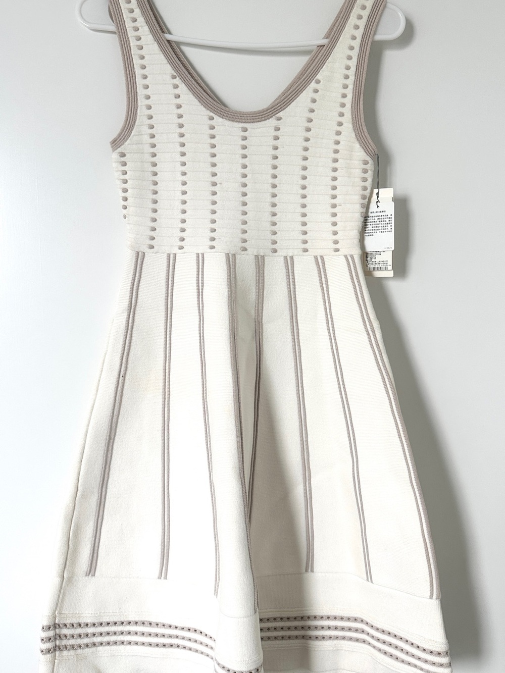 Sleeveless Cream Knit A-Line Dress with Taupe Trim